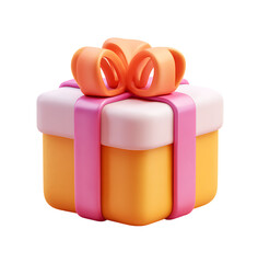 3D icon of a gift box with ribbons on a transparent background in a 2D illustration style. The design is cute, with a pink and orange color scheme.