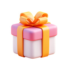 3D icon of a gift box with ribbons on a transparent background in a 2D illustration style. The design is cute, with a pink and orange color scheme.