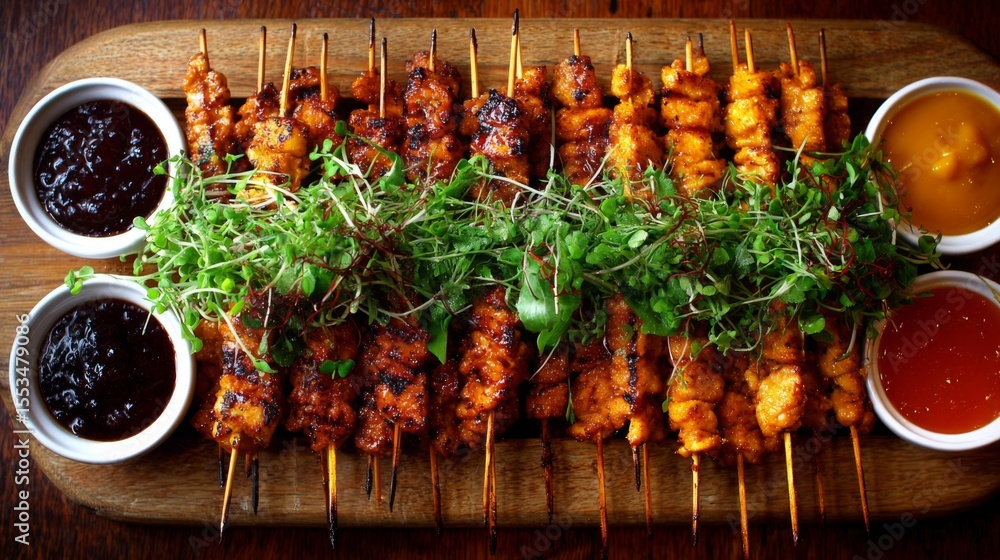 Poster a vibrant shot of yakitori skewers arranged in a fan shape on a wooden board, garnished with fresh h
