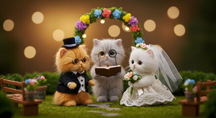 Wedding ceremony with cute plush cats under floral arch  