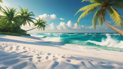Tropical paradise beach with a lone palm tree by the turquoise sea