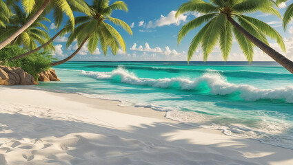 Tropical island paradise: swaying palm trees on a sandy beach
