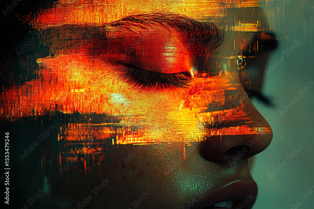 Poster generative ai glitch art composition of male female face merged with digital code and futuristic vis