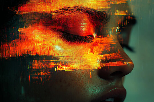 Generative AI glitch art composition of male female face merged with digital code and futuristic visual interference effect