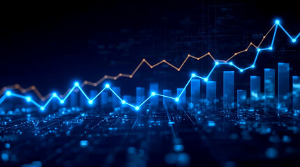 Naklejka premium Investment finance chart, stock market business and exchange financial growth graph, financial or business data, featuring prominent glowing blue line graphs with connected data points