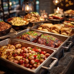 Gourmet Hot Buffet A Culinary Feast of Succulent Meats, Roasted Potatoes, and Delicious Sides in Chafing Dishes for Events and Catering