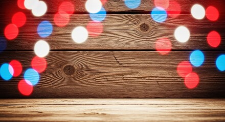 Wooden surface with festive red, white, and blue bokeh lights