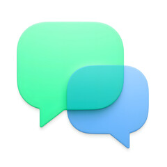 A modern app icon featuring two overlapping speech bubbles, bright green and blue gradient, 3D effect with soft shadows, isolated on a transparent background