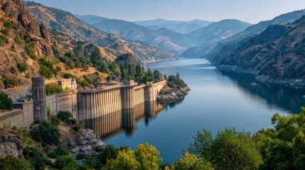A wide-angle view of a dam and its reservoir, showcasing the natural landscape, with mountains in the background and the water glistening in the sunlight