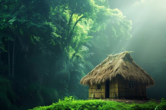 Traditional Semai Bamboo Hut with Thatched Roof in Tropical Jungle