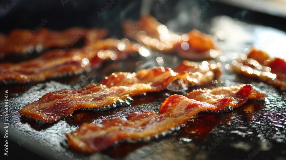 Aufkleber Bacon strips frying in their own fat on a griddle, with a close-up view of the sizzling edges and bubbling grease.