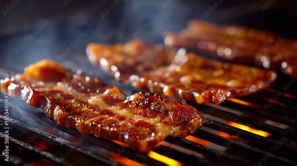 Poster bacon strips resting on a grill, with char marks and sizzling fat, creating a smoky, crispy texture 