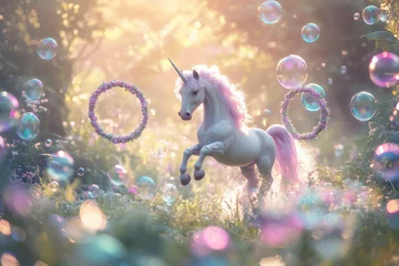 Poster Surreal backyard scene: unicorn passing through hoops of floating pastel bubbles, lush garden backdrop, soft glowing light, sharp focus, zero noise, high-end stock style