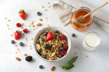 Top-down photo of a healthy breakfast with muesli, honey jar, and glass of milk. All food objects are placed ONLY in the bottom right corner of the image. The ENTIRE center and left side must be PURE 