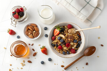 Top-down photo of a healthy breakfast with muesli, honey jar, and glass of milk. All food objects are placed ONLY in the bottom right corner of the image. The ENTIRE center and left side must be PURE 
