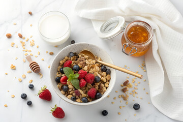 Top-down photo of a healthy breakfast with muesli, honey jar, and glass of milk. All food objects are placed ONLY in the bottom right corner of the image. The ENTIRE center and left side must be PURE 