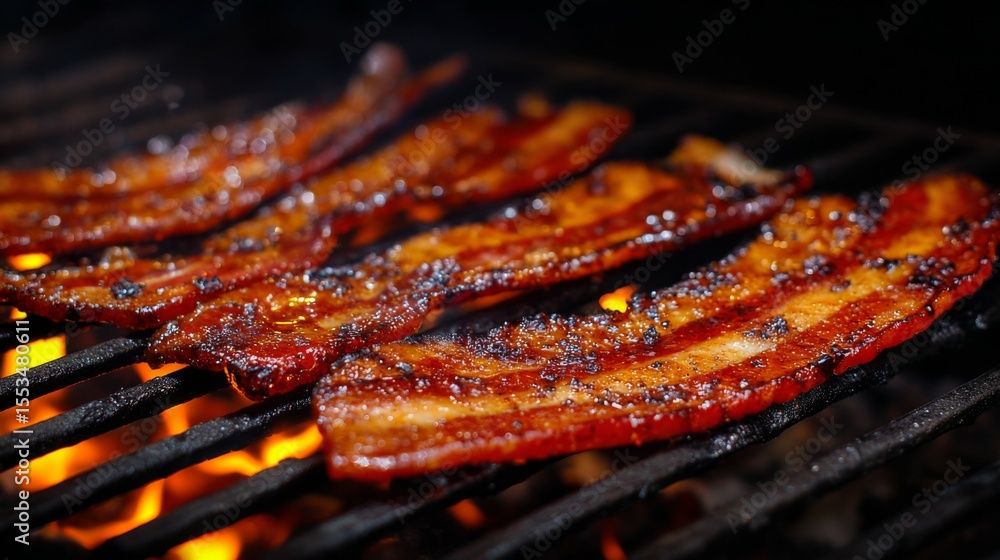 Poster bacon strips resting on a grill, with char marks and sizzling fat, creating a smoky, crispy texture 