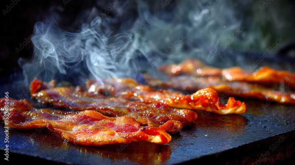 Poster bacon strips sizzling on a griddle, with smoke rising as the fat bubbles and the edges turn crisp an