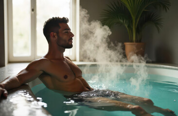 attractive young athletic man relaxing in steaming indoor pool, surrounded by calming natural light. spa, lifestyle, health and wellness, relaxation.