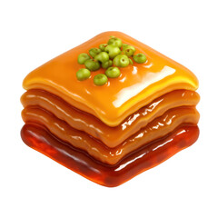 3D Translucent Icon Style Baklava Dessert Isometric View With Golden Syrup Layers And Green Pistachio Garnishes Against Transparent Background