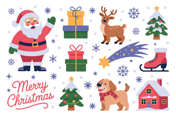 Fototapeta premium Cartoon Christmas Illustration Santa Claus, Reindeer, Dog, Gifts, Christmas Trees, and Snowy House with Snowflakes