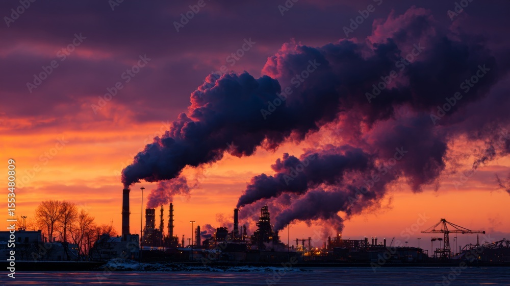 Poster black smoke slowly dispersing into the atmosphere from a factory stack, mixing with a dramatic sunse