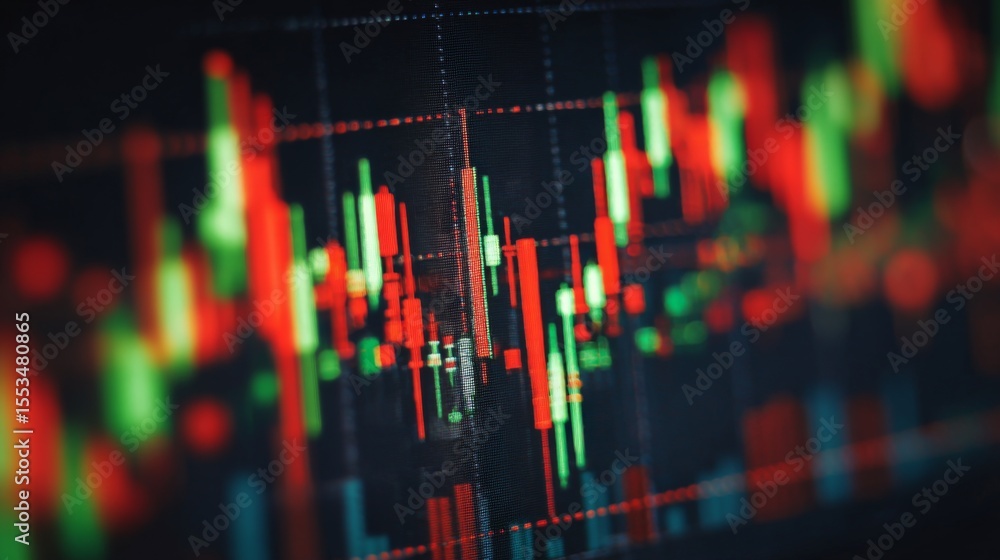 Poster Close-up of a data graph with candlestick charting patterns, using vibrant reds and greens to show fluctuations against a dark background
