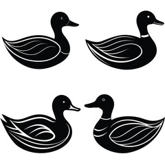 Four stylized black silhouette ducks with white wing details on white background