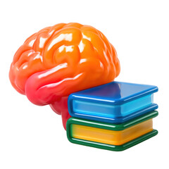 3D Translucent Icon Style Depicting Orange Brain Over Stacked Blue And Green Books Illustrating Knowledge Learning Education And Intellect With Transparent Background