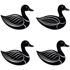 Four stylized black ducks with white feather detail on a white background