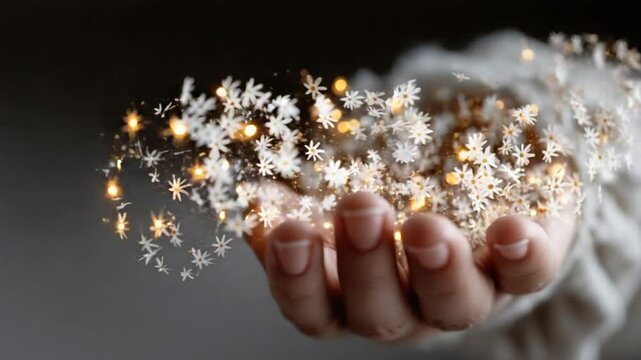 Magical Winter Sparkles in Hands: Abstract Display of Snowflake and Light Particles