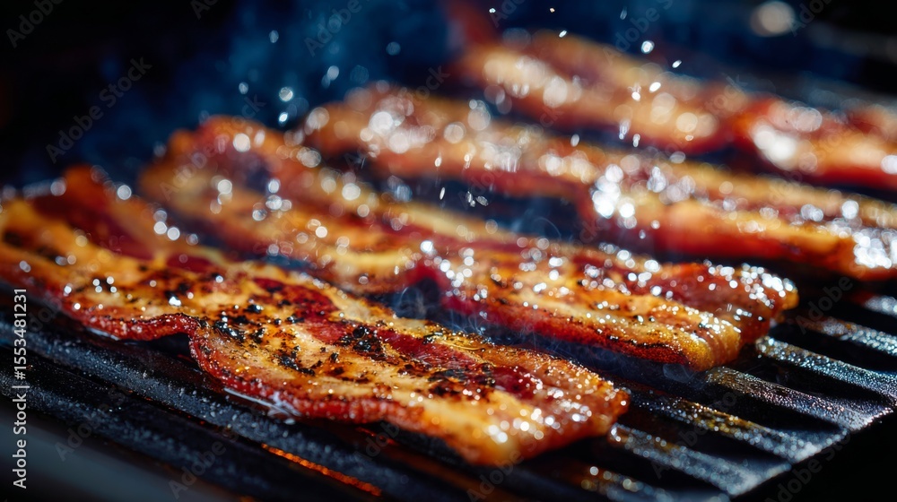 Poster close-up of bacon slices sizzling on a grill, with char marks and golden fat dripping off the crispy