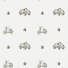Watercolor seamless pattern design featuring vintage cars and stars on a white background
