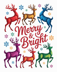 Colorful Reindeer and Snowflake Illustration with Merry Bright Typography Christmas Holiday Card