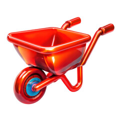 3D Translucent Icon Style Wheelbarrow Isolated on Transparent Background in Bright Red Color with Glossy Metal and Blue Wheel Suitable for Gardening and Construction