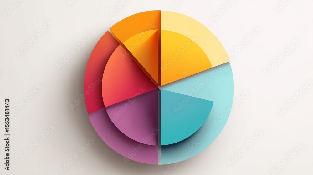 Aufkleber Colorful pie chart on a plain white background, segmented in bold colors with a shadow effect for a clean and visually appealing presentation