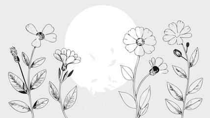 Elegant Black and White Floral Line Art Illustration with Daisies and Rounded Background Shape