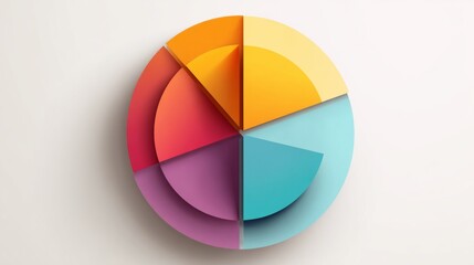 Fototapeta premium Colorful pie chart on a plain white background, segmented in bold colors with a shadow effect for a clean and visually appealing presentation