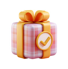 3D icon of a gift box with a checkmark and ribbons, on a transparent background in a 2D illustration style.