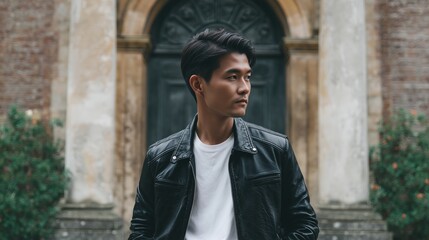 Obraz premium Young man in black leather jacket poses in front of historical building with weathered stone walls and greenery in early evening light
