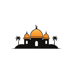 a desert mosque silhouette with domes and palm tre
