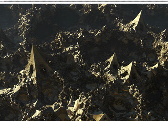 Abstract Fractal Landscape Golden Pyramids and Rugged Terrain