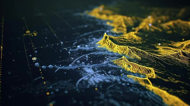 Complex yellow lines depict mountain ridges rising from blue ocean depths on a futuristic holographic display, providing a detailed visualization of coastal topography