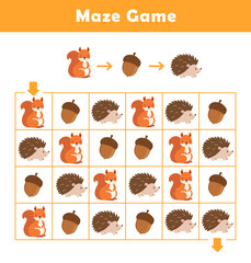 Maze puzzle game for children with cute squirrel and hedgehog. Logic Labyrinth with Code Navigation. Kids labyrinth puzzle. Maze activity sheet for kids.	