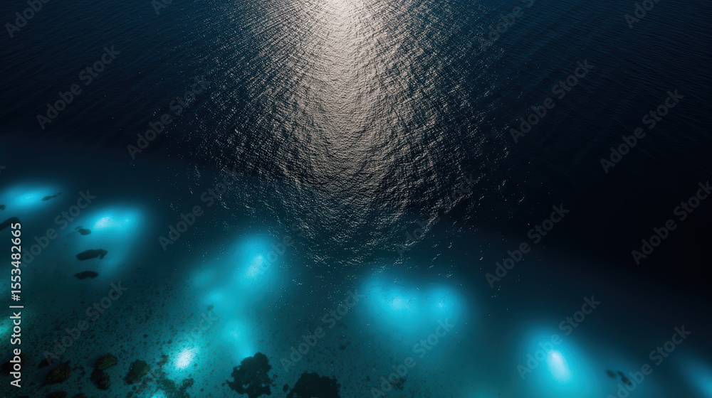 Poster aerial view of serene ocean with shimmering reflections and glowing underwater lights, creating tran