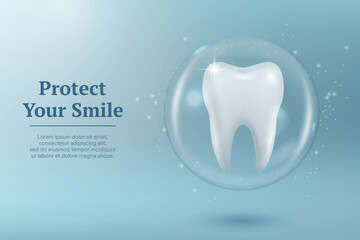 Protect Your Smile. Vector 3d Realistic Tooth in a Protective Bubble Isolated on a Blue Background. Design Template, Clipart, Mockup. Dentistry, Healthcare, Medical, Hygiene, Protection Concept