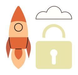 Rocket launching next to a cloud and lock symbolizing cybersecurity, innovation, growth, cloud storage, data protection, startup ideas, and safety. Ideal for technology, privacy and business