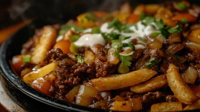 Chili and cheese topped fries served in a black metal pan, ready to be enjoyed as a delicious meal.
