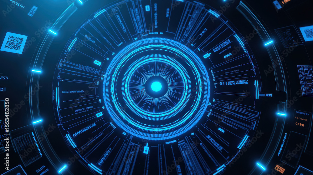 Poster futuristic digital interface with glowing blue circular patterns and intricate data displays, showca
