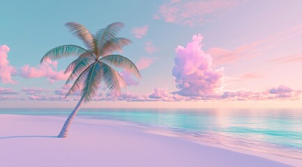 Tropical pastel beach scene with lone palm tree and dreamy sunset – perfect for travel posters, summer getaway ads, relaxation apps, tropical background art, and serene lifestyle branding